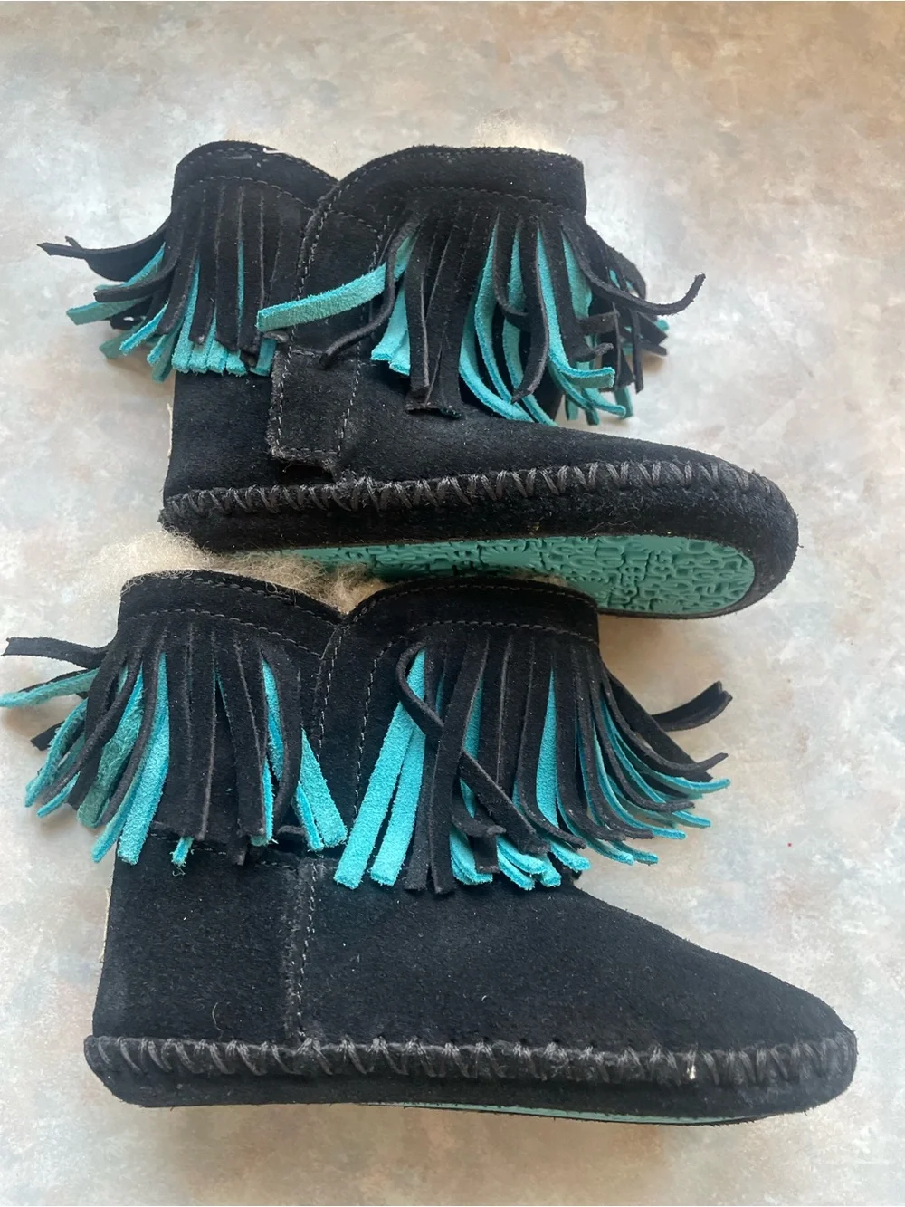 UGG Black Suede Kids Fringe Boots with Teal Accents